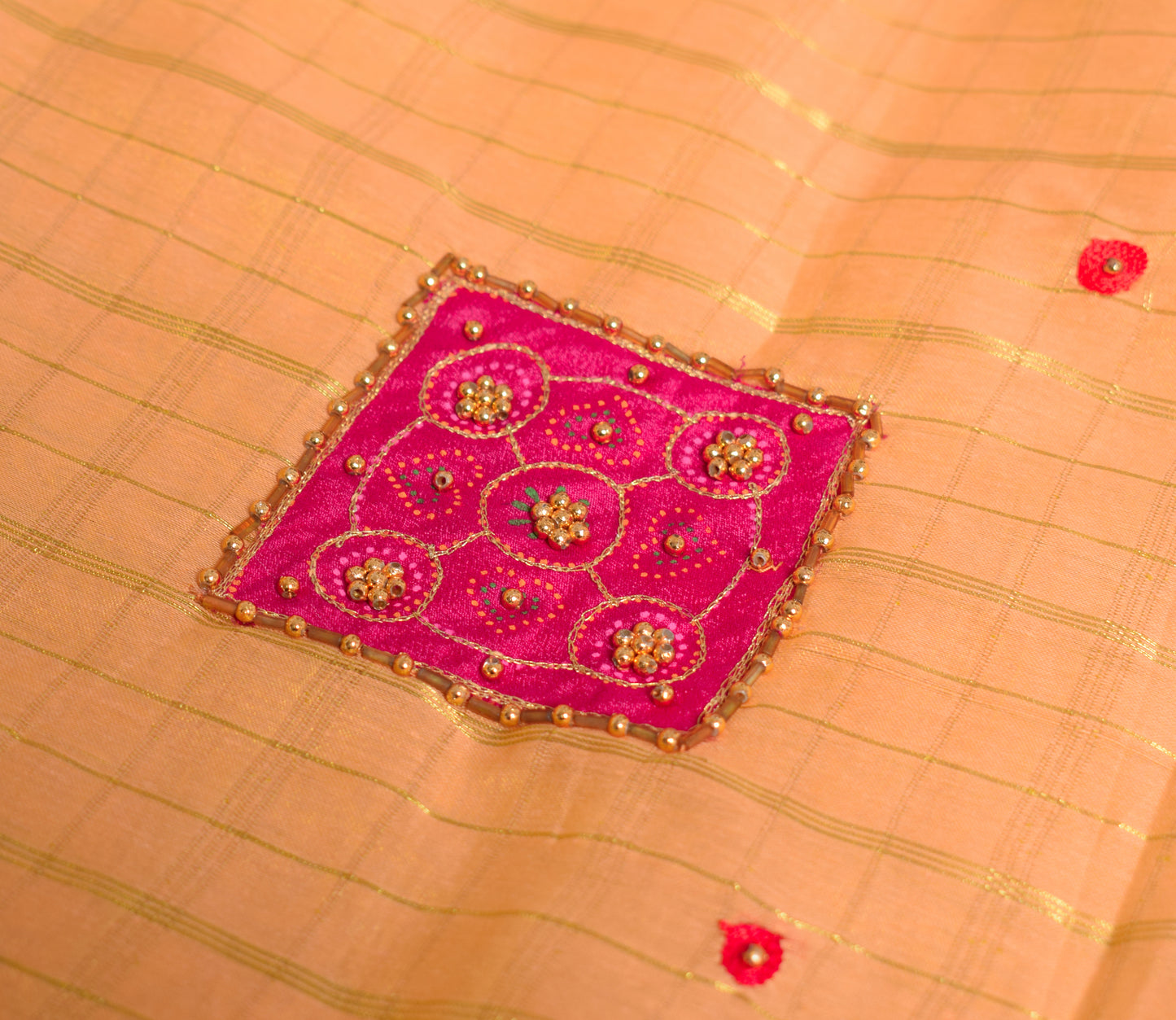 Sushila Vintage Peach Zari Woven Saree Bandhani Patch Work Pure Cotton Silk Sari with Blouse Fabric