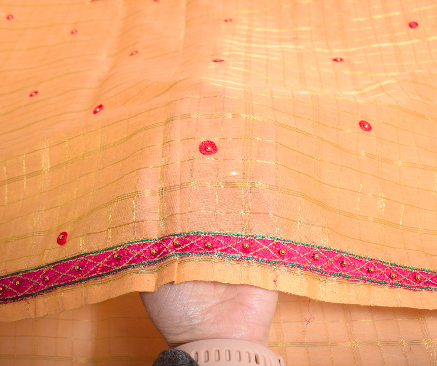 Sushila Vintage Peach Zari Woven Saree Bandhani Patch Work Pure Cotton Silk Sari with Blouse Fabric