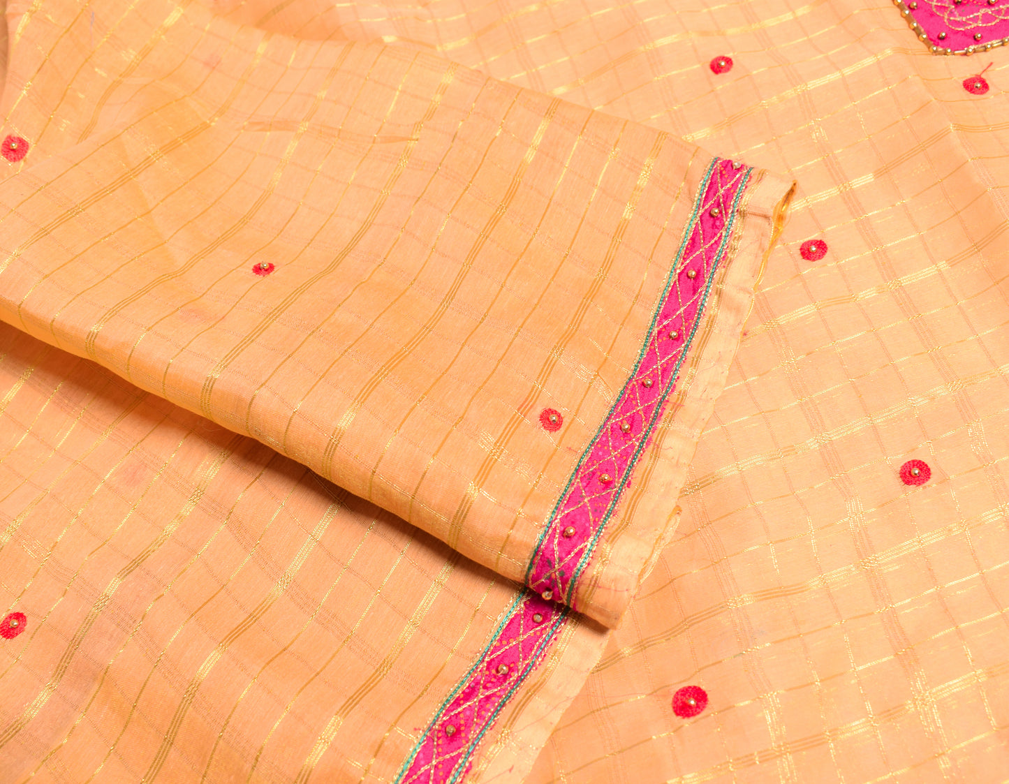 Sushila Vintage Peach Zari Woven Saree Bandhani Patch Work Pure Cotton Silk Sari with Blouse Fabric