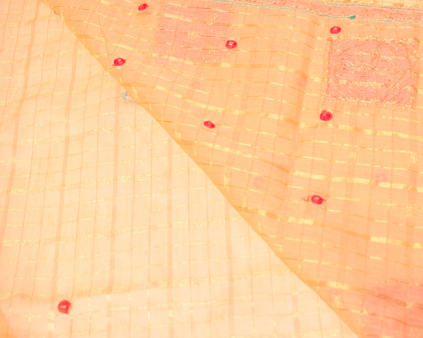 Sushila Vintage Peach Zari Woven Saree Bandhani Patch Work Pure Cotton Silk Sari with Blouse Fabric