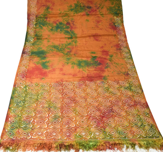 Sushila Vintage Tie-Dye Saree Pure Crepe Silk Sequins Beads Embellish Sari Craft Fabric