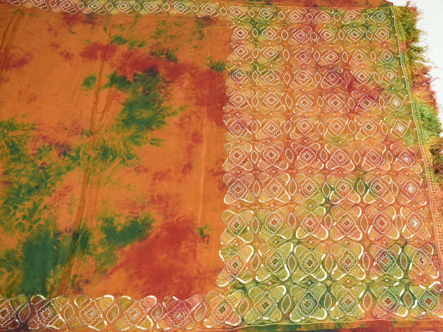 Sushila Vintage Tie-Dye Saree Pure Crepe Silk Sequins Beads Embellish Sari Craft Fabric