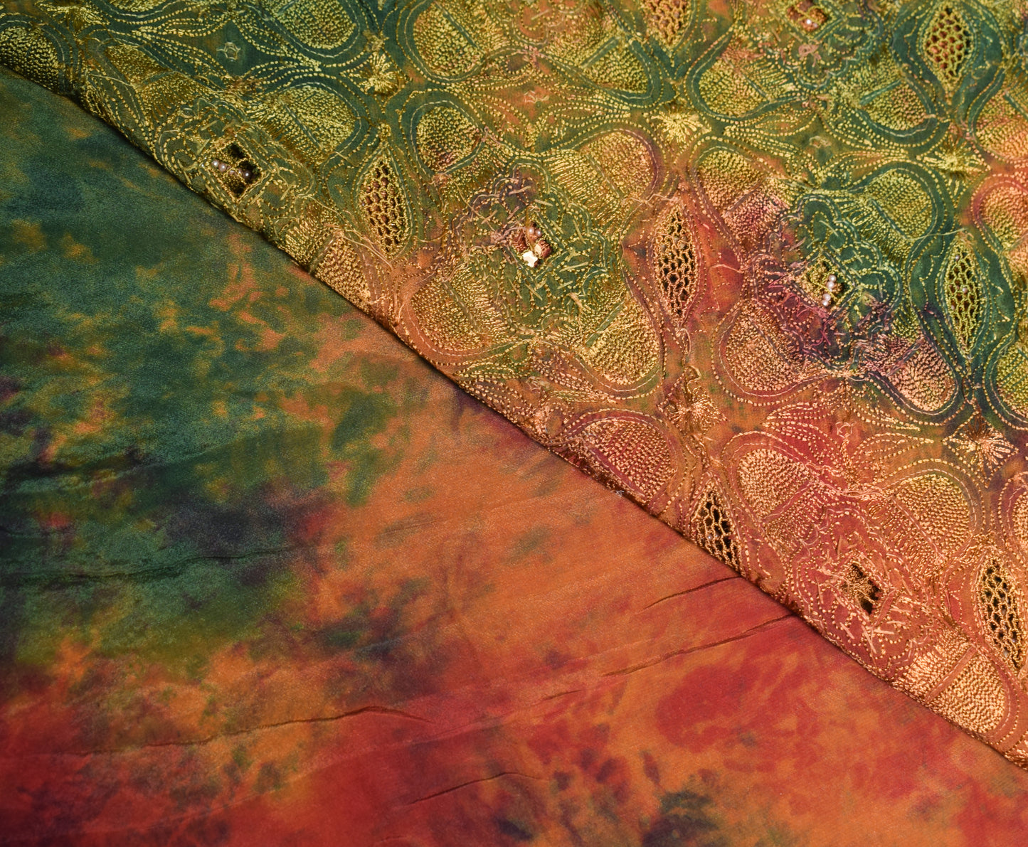 Sushila Vintage Tie-Dye Saree Pure Crepe Silk Sequins Beads Embellish Sari Craft Fabric