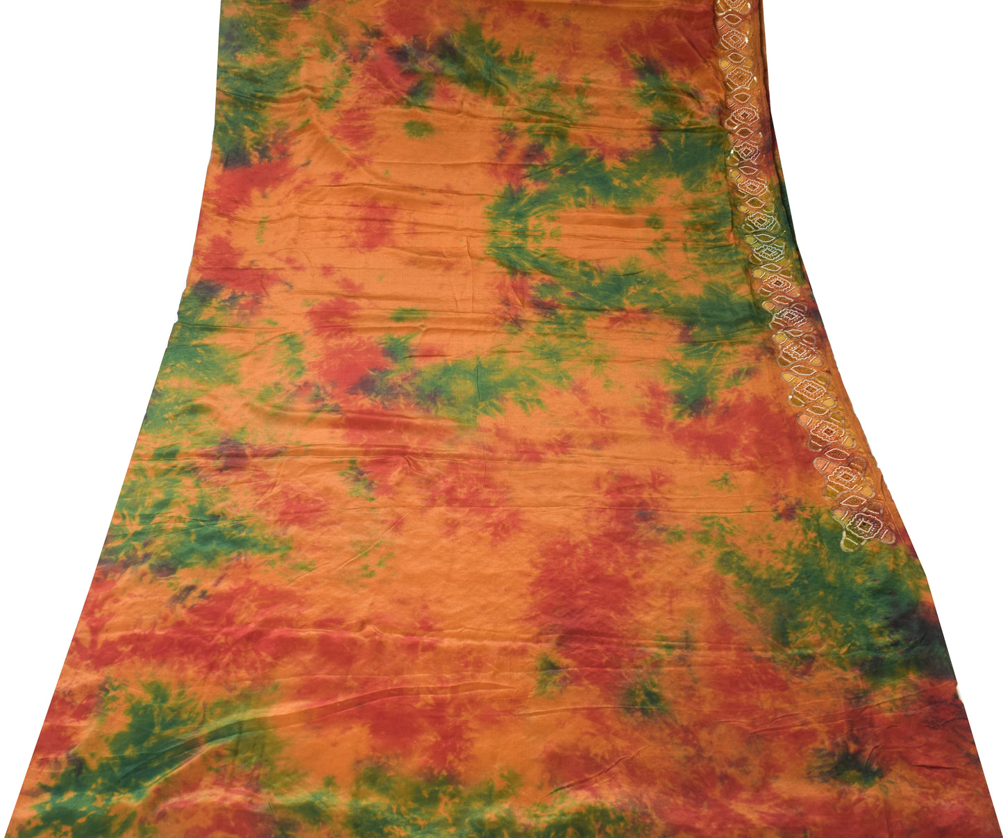 Sushila Vintage Tie-Dye Saree Pure Crepe Silk Sequins Beads Embellish Sari Craft Fabric