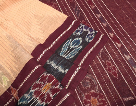 Sushila Vintage Brown Saree 100% Pure Cotton Hand Woven Ikkat Patola Sari Fabric