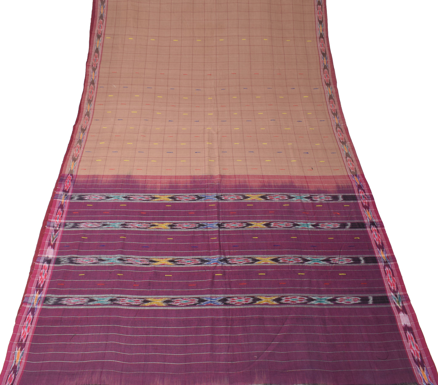 Sushila Vintage Brown Saree Pure Cotton Hand Woven Ikat Patola Sari 6 Yard Fabric