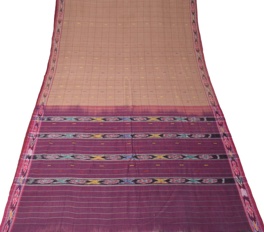 Sushila Vintage Brown Saree Pure Cotton Hand Woven Ikat Patola Sari 6 Yard Fabric