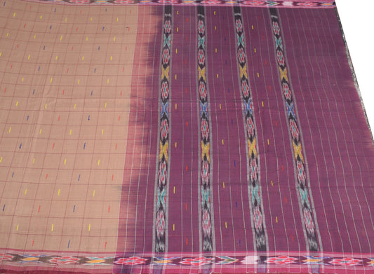 Sushila Vintage Brown Saree Pure Cotton Hand Woven Ikat Patola Sari 6 Yard Fabric