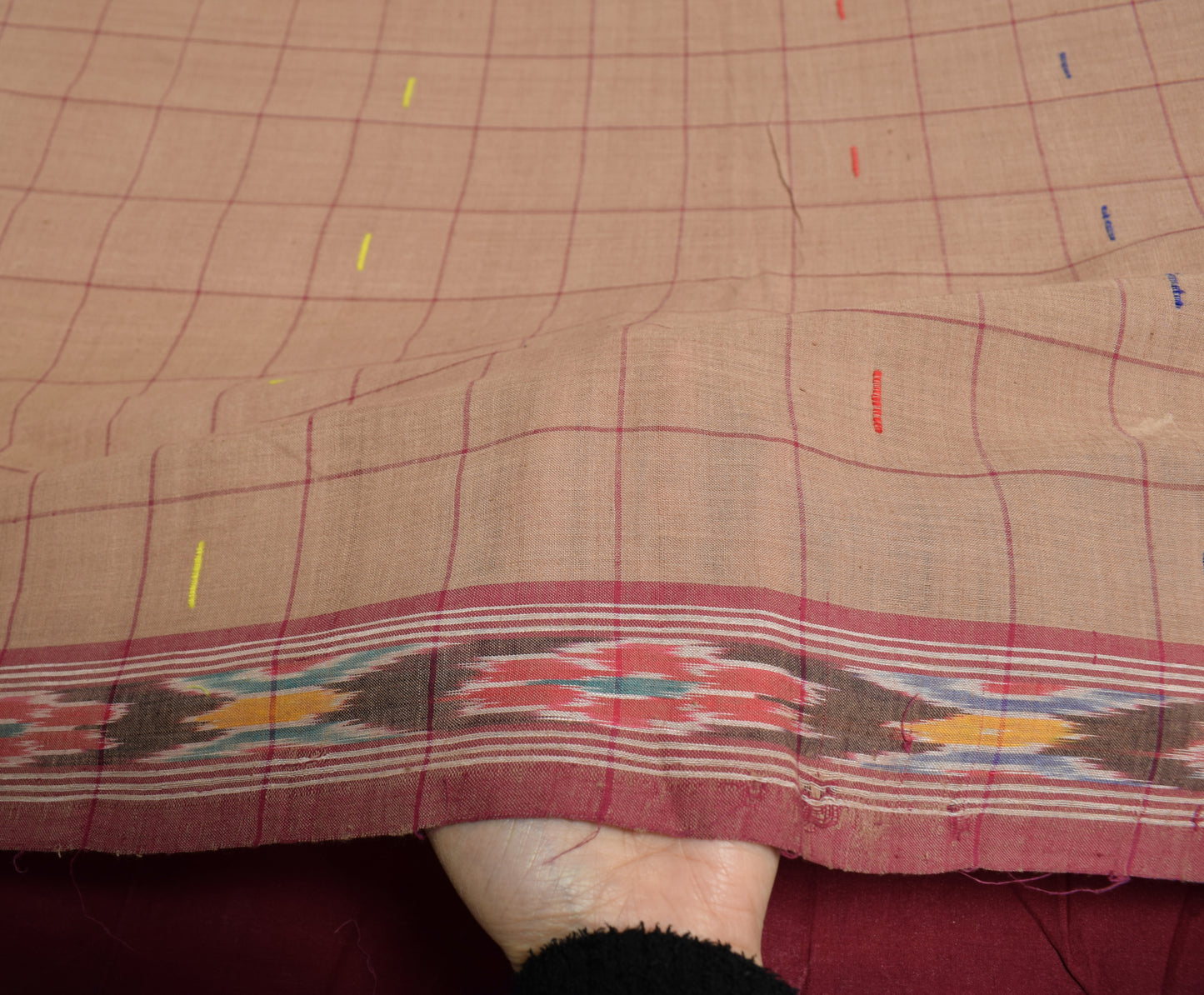 Sushila Vintage Brown Saree Pure Cotton Hand Woven Ikat Patola Sari 6 Yard Fabric
