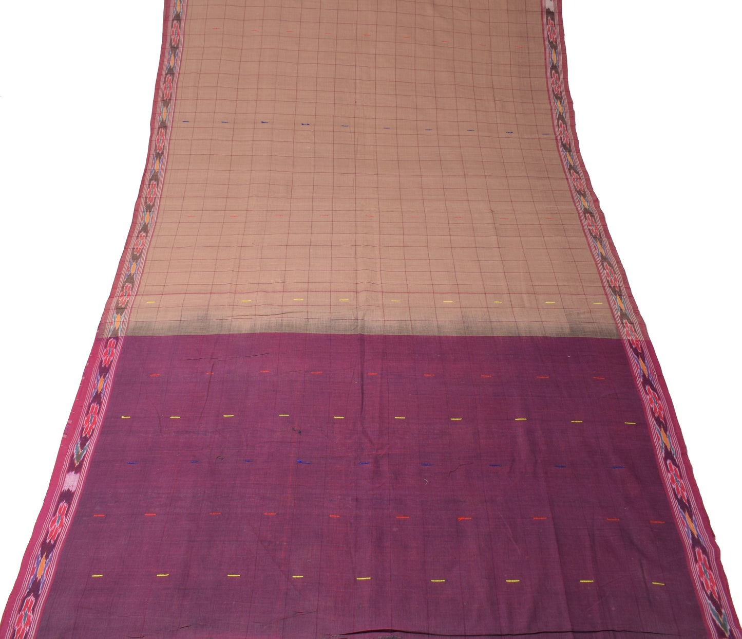 Sushila Vintage Brown Saree Pure Cotton Hand Woven Ikat Patola Sari 6 Yard Fabric