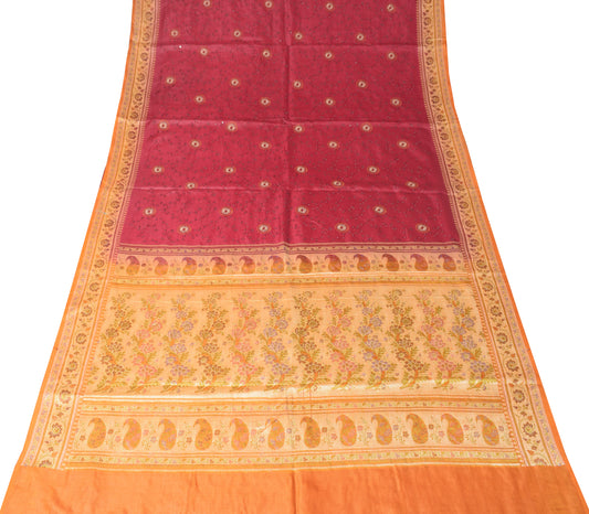 Sushila Vintage Maroon Saree Pure Silk Embroidered Woven Border Pallu Sari Fabric
