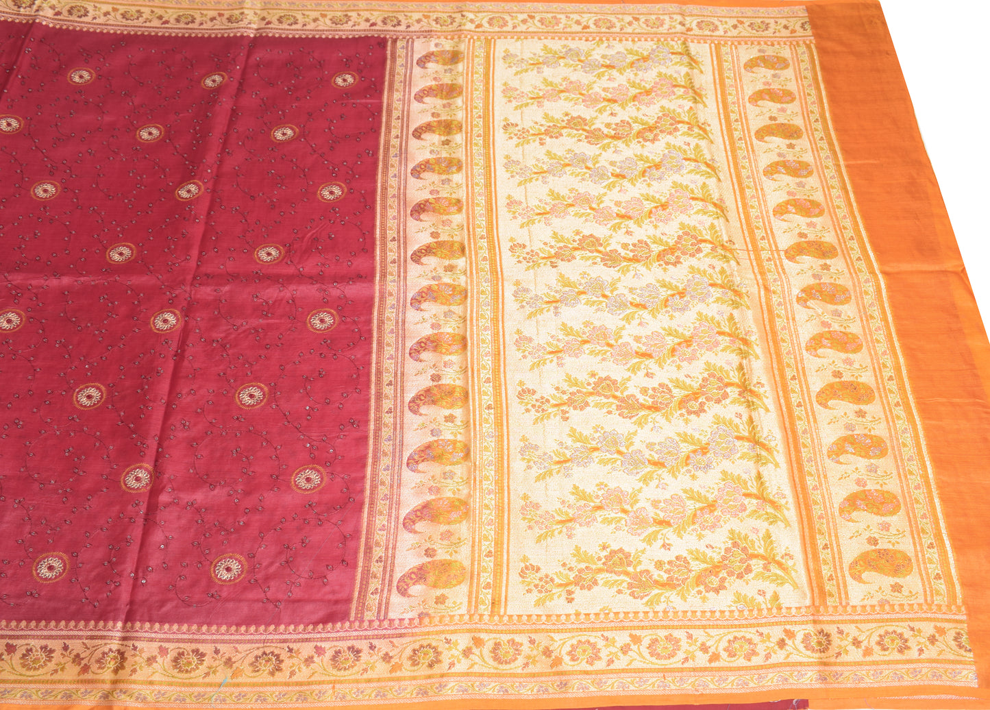 Sushila Vintage Maroon Saree Pure Silk Embroidered Woven Border Pallu Sari Fabric