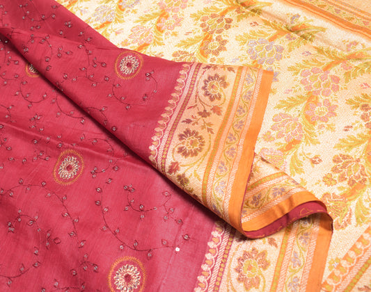 Sushila Vintage Maroon Saree Pure Silk Embroidered Woven Border Pallu Sari Fabric
