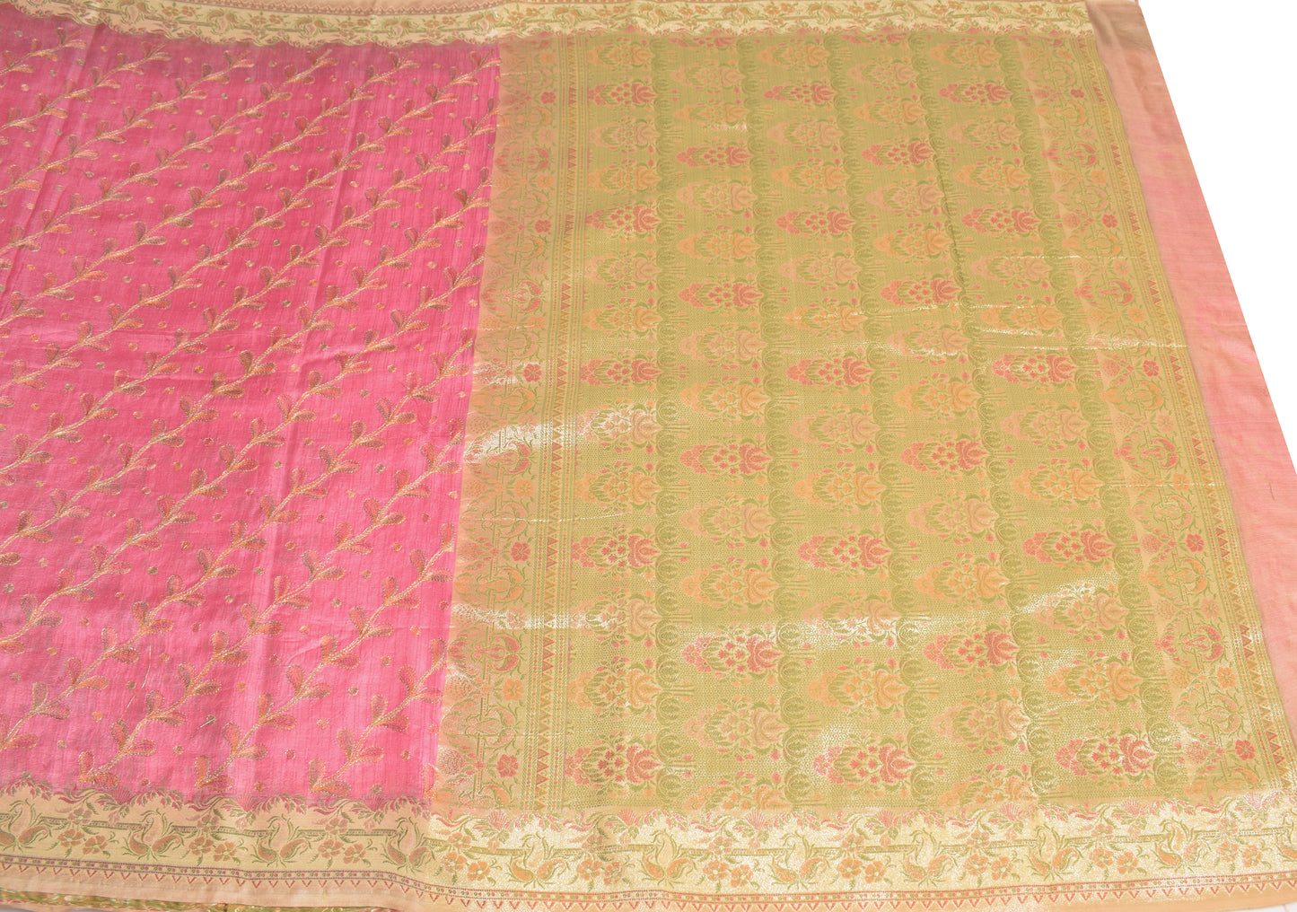 Sushila Vintage Woven Pink Saree Pure Tussar Silk Embroidered Sari Craft Fabric