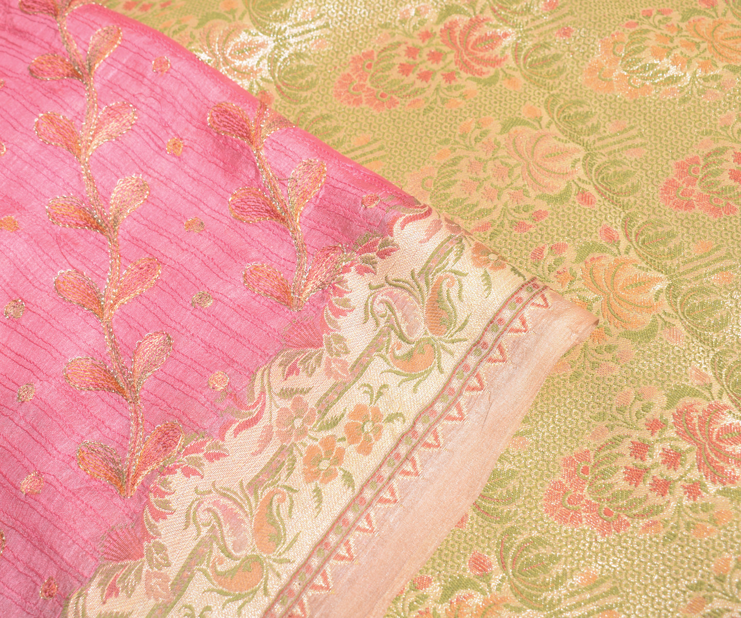 Sushila Vintage Woven Pink Saree Pure Tussar Silk Embroidered Sari Craft Fabric