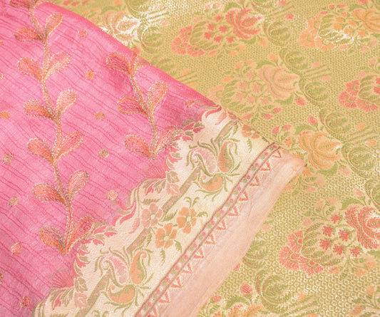 Sushila Vintage Woven Pink Saree Pure Tussar Silk Embroidered Sari Craft Fabric