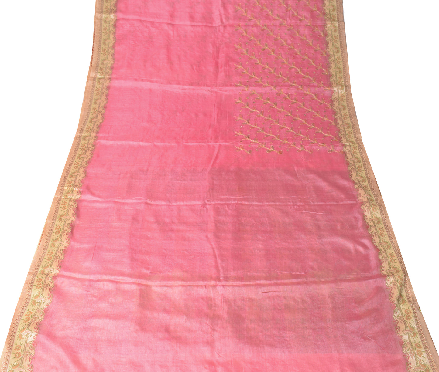 Sushila Vintage Woven Pink Saree Pure Tussar Silk Embroidered Sari Craft Fabric