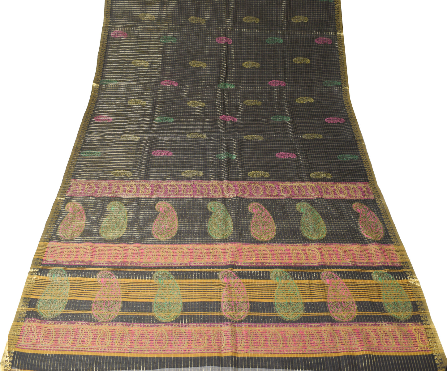 Sushila Vintage Black Saree Pure Cotton Checks Sari Gold Border Craft Fabric
