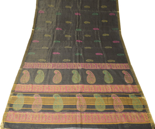 Sushila Vintage Black Saree Pure Cotton Checks Sari Gold Border Craft Fabric