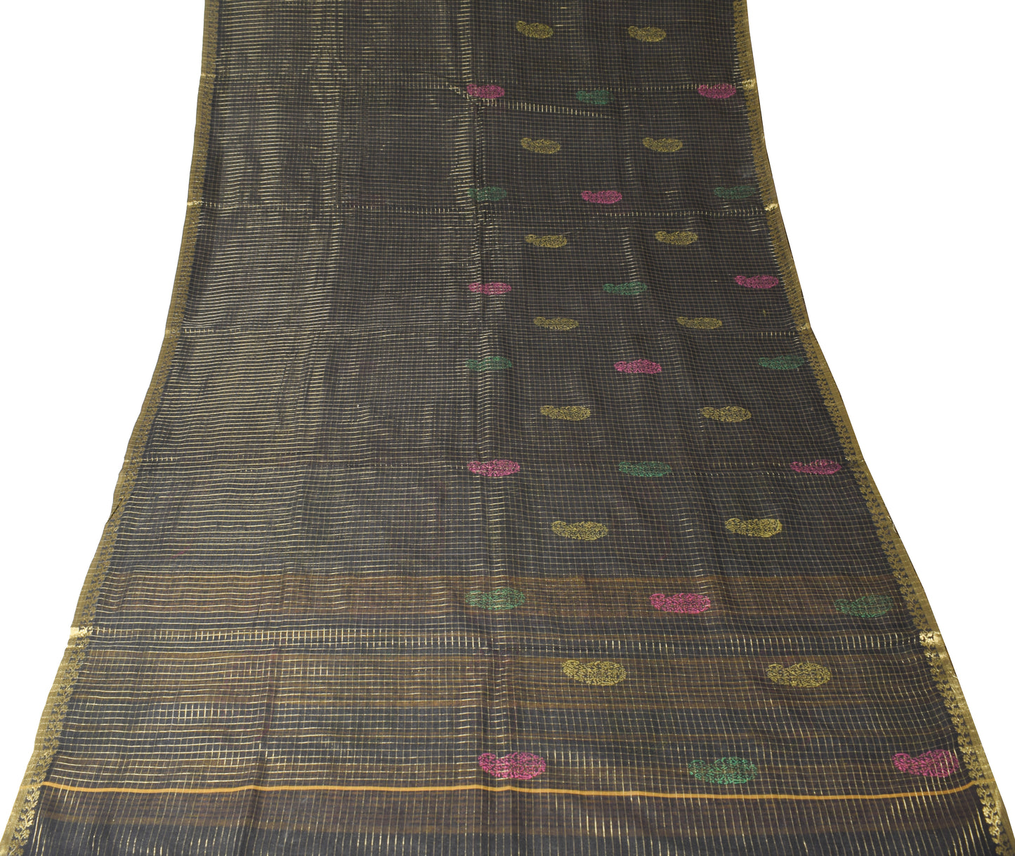 Sushila Vintage Black Saree Pure Cotton Checks Sari Gold Border Craft Fabric