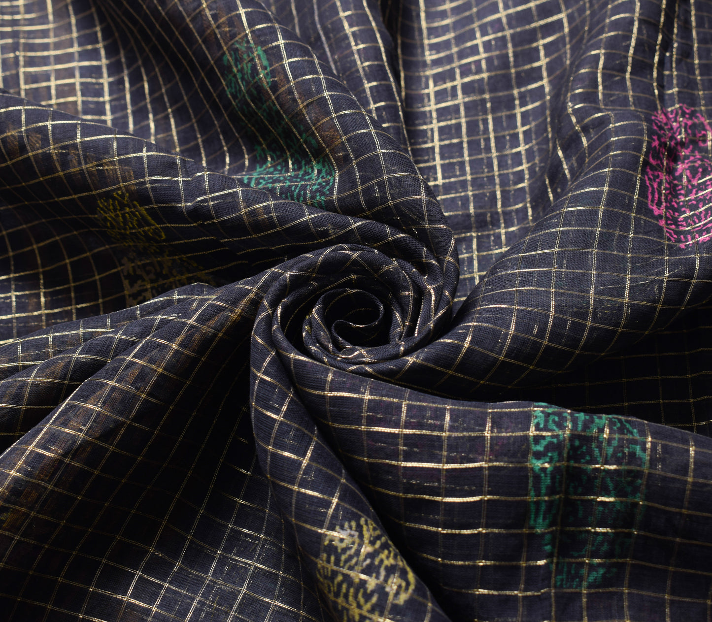Sushila Vintage Black Saree Pure Cotton Checks Sari Gold Border Craft Fabric
