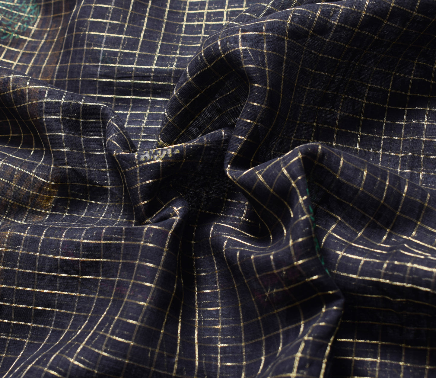 Sushila Vintage Black Saree Pure Cotton Checks Sari Gold Border Craft Fabric