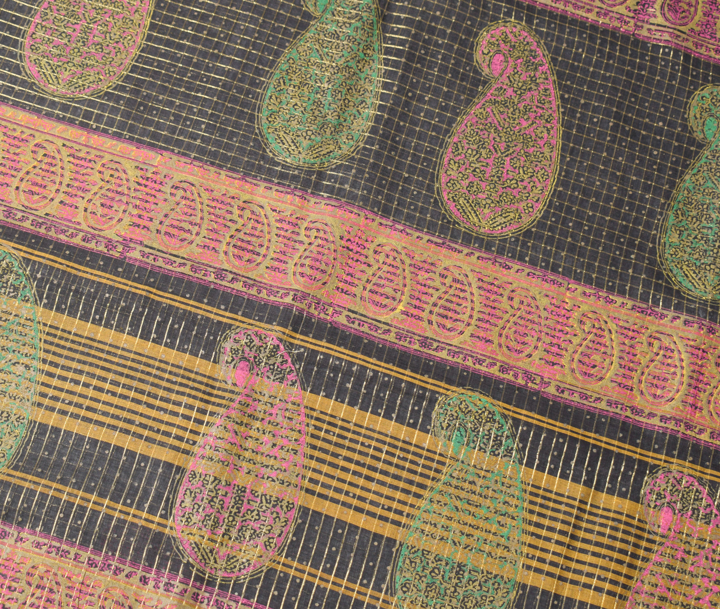 Sushila Vintage Black Saree Pure Cotton Checks Sari Gold Border Craft Fabric