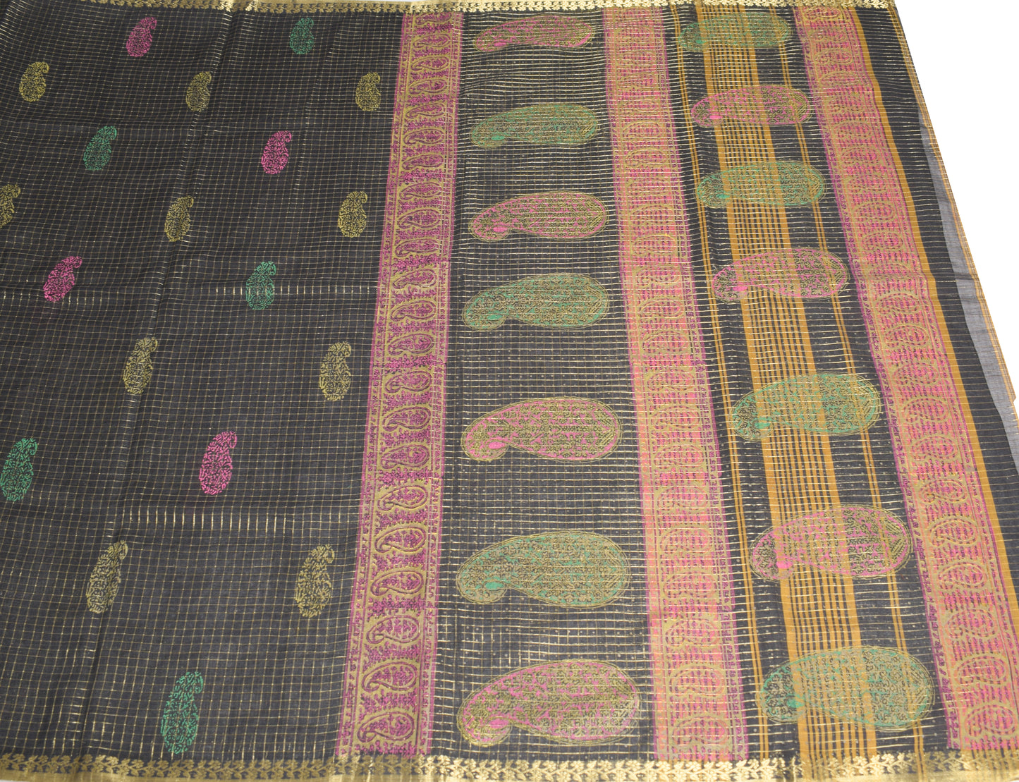 Sushila Vintage Black Saree Pure Cotton Checks Sari Gold Border Craft Fabric