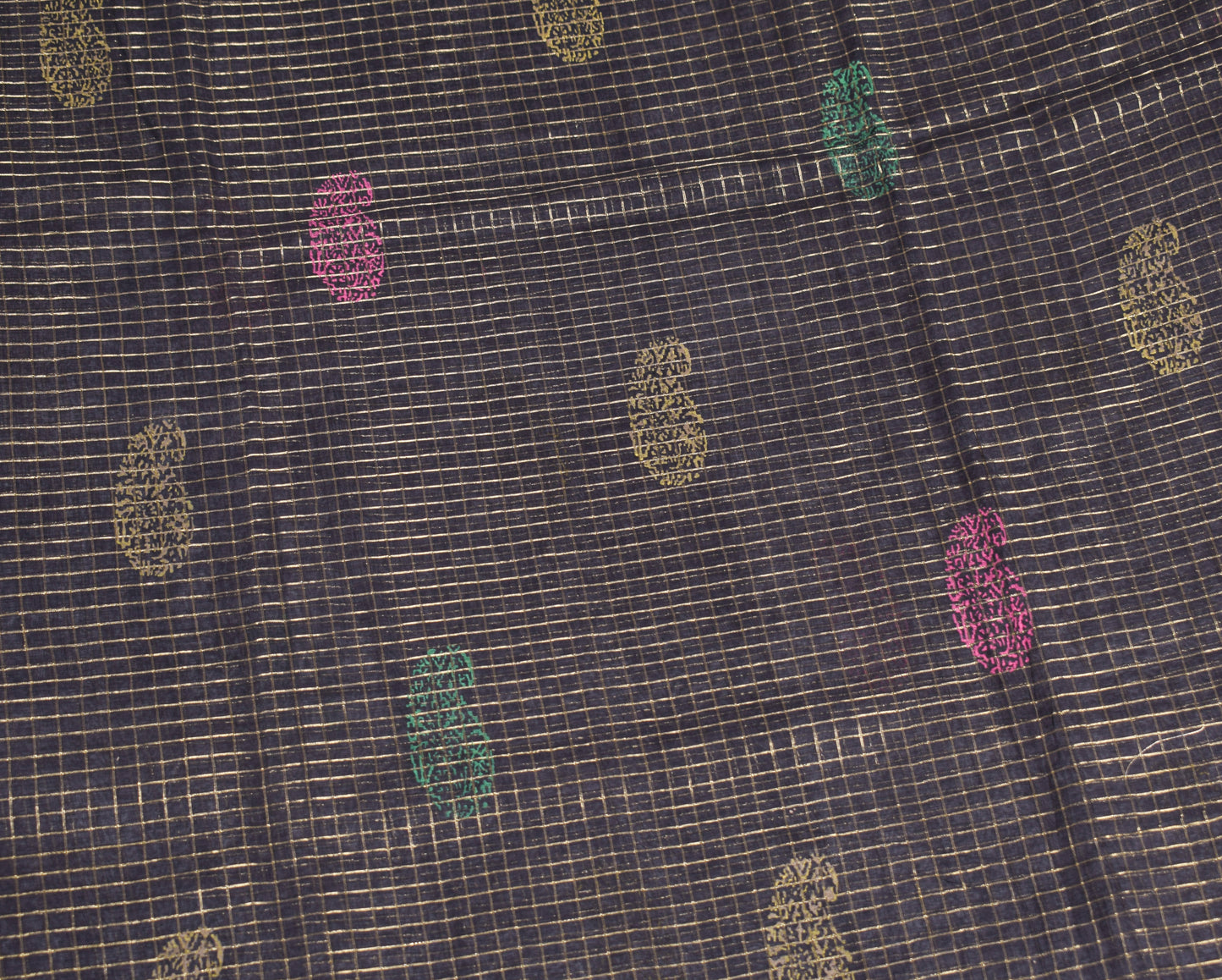 Sushila Vintage Black Saree Pure Cotton Checks Sari Gold Border Craft Fabric