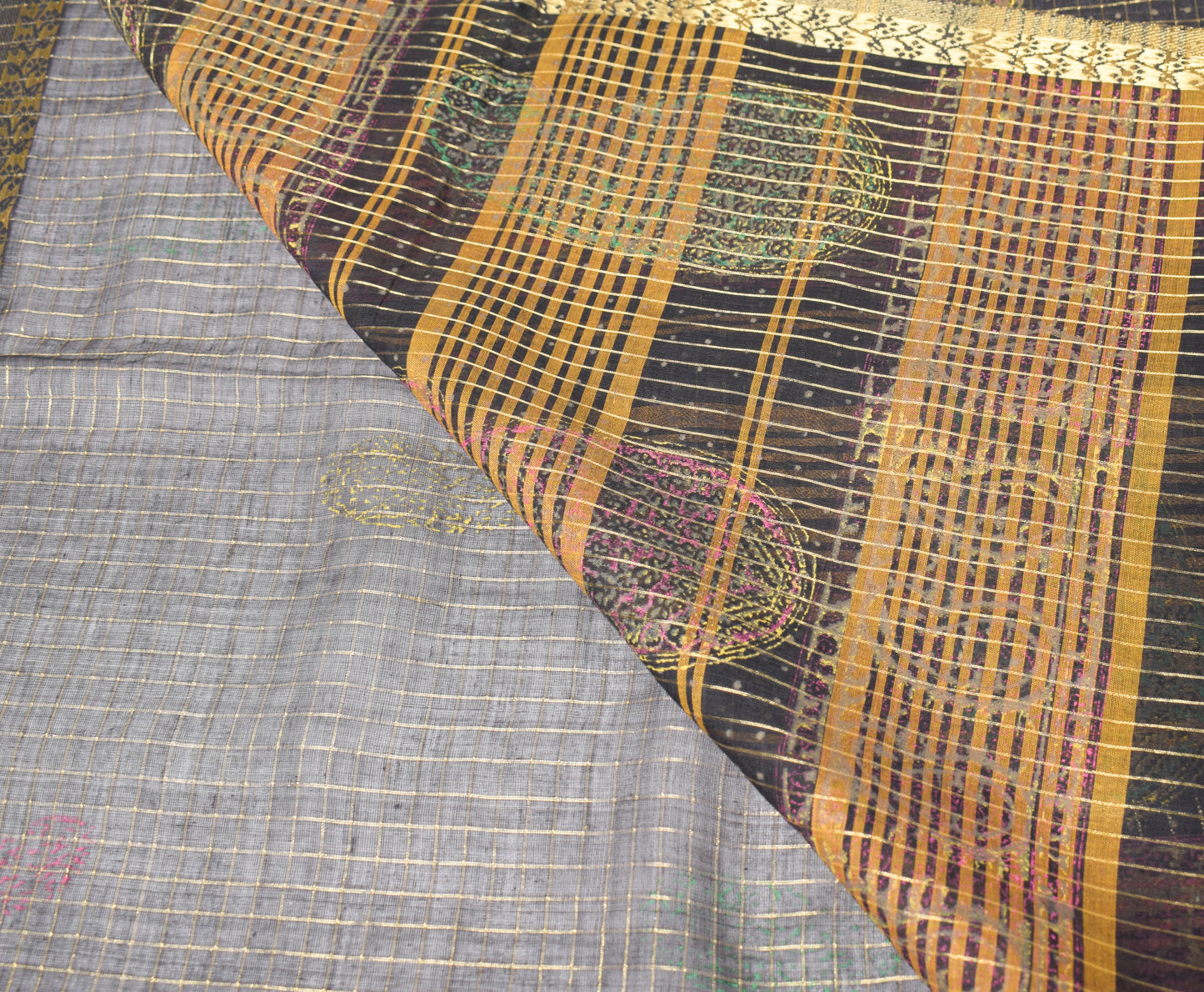 Sushila Vintage Black Saree Pure Cotton Checks Sari Gold Border Craft Fabric