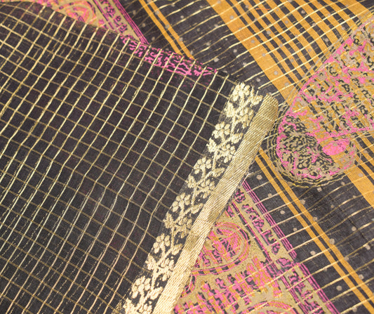 Sushila Vintage Black Saree Pure Cotton Checks Sari Gold Border Craft Fabric