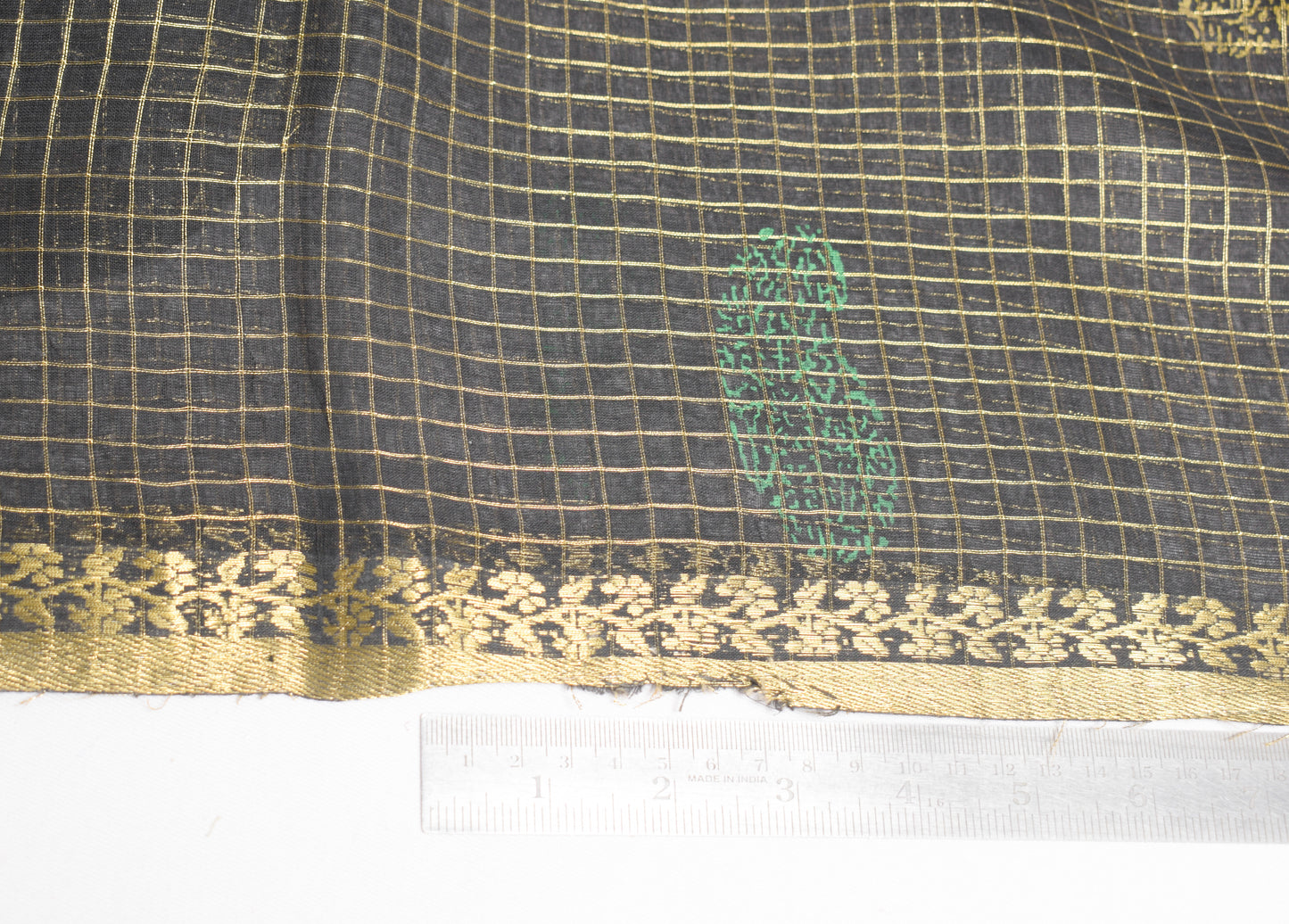 Sushila Vintage Black Saree Pure Cotton Checks Sari Gold Border Craft Fabric