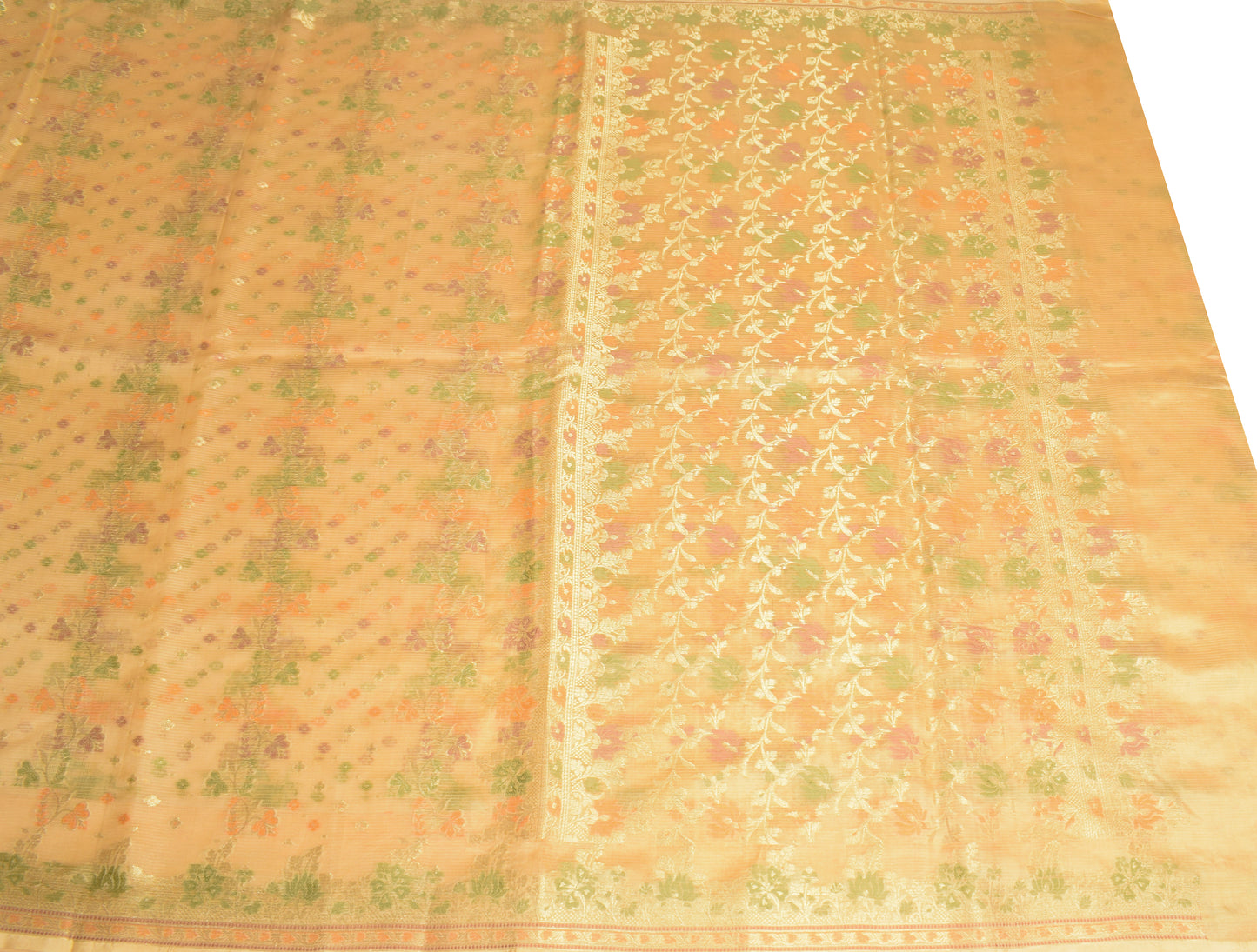 Sushila Vintage Cream Saree Pure Silk Woven Brocade Floral Sari 5Y Craft Fabric