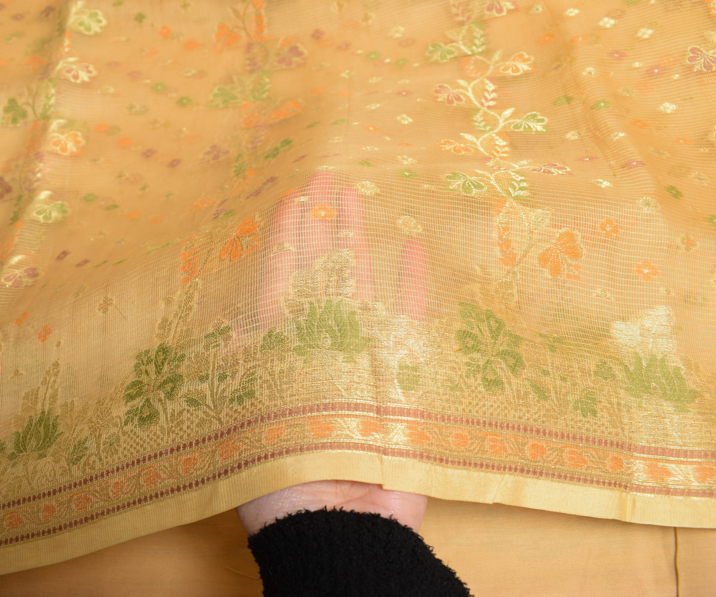 Sushila Vintage Cream Saree Pure Silk Woven Brocade Floral Sari 5Y Craft Fabric