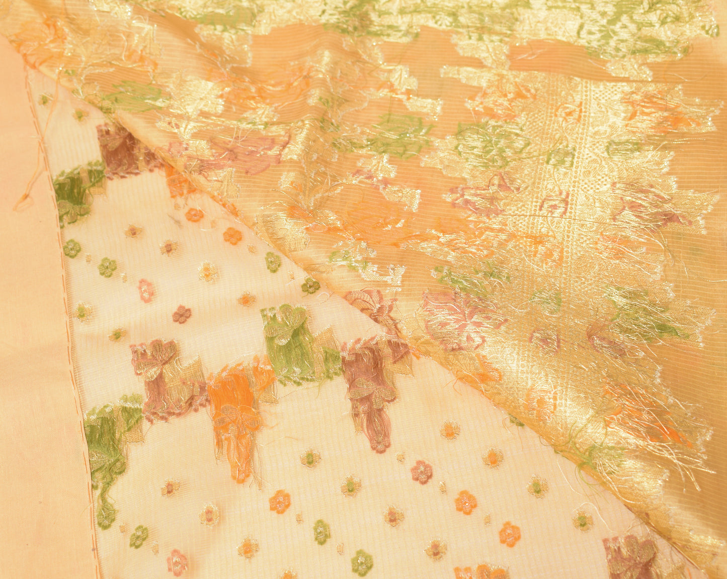 Sushila Vintage Cream Saree Pure Silk Woven Brocade Floral Sari 5Y Craft Fabric