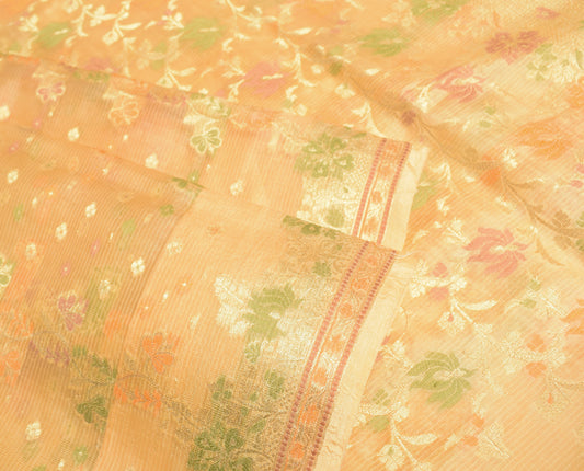 Sushila Vintage Cream Saree Pure Silk Woven Brocade Floral Sari 5Y Craft Fabric