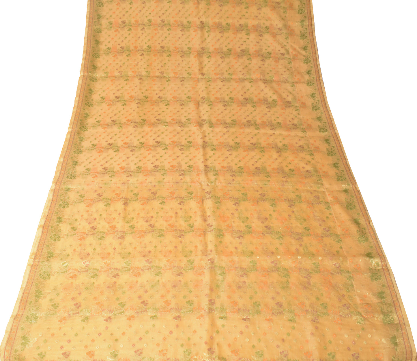 Sushila Vintage Cream Saree Pure Silk Woven Brocade Floral Sari 5Y Craft Fabric