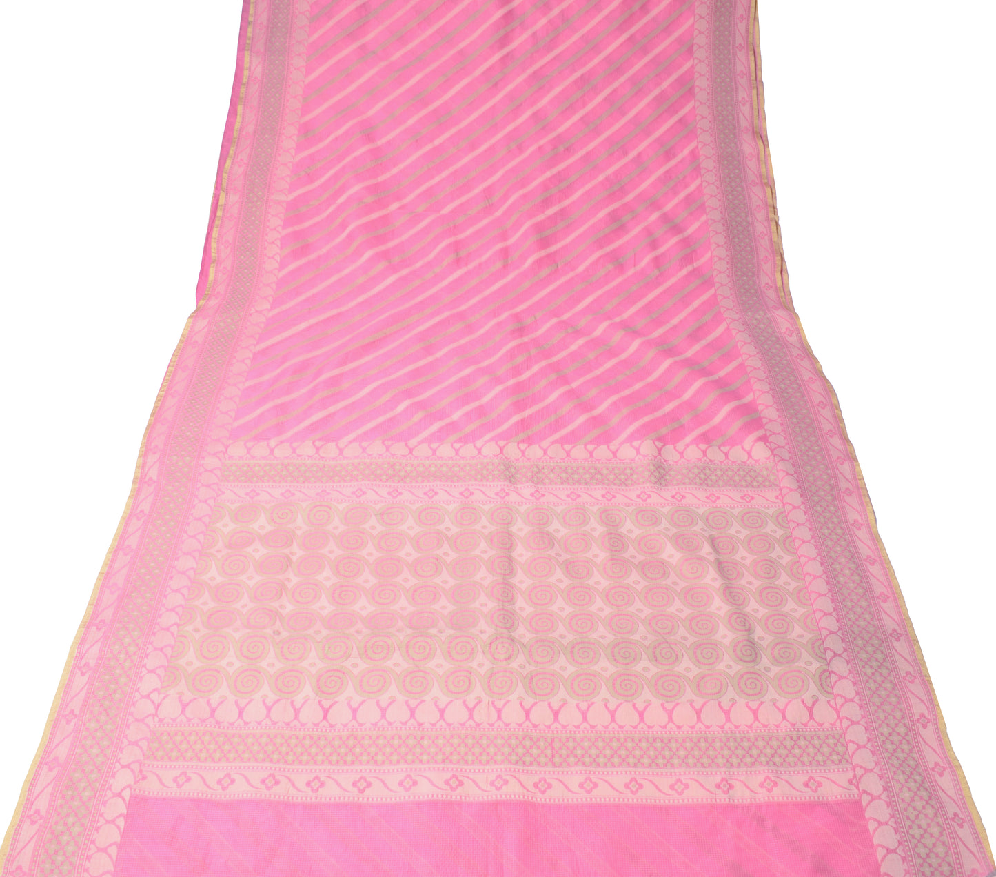 Sushila Vintage Pink Indian Saree Art CottonSilk Woven Stripes Sari Craft Fabric