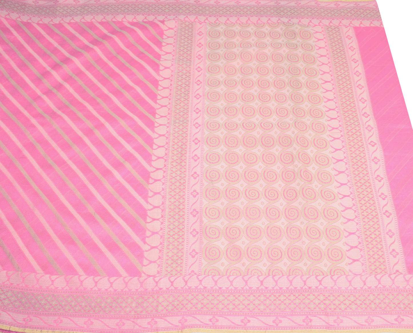 Sushila Vintage Pink Indian Saree Art CottonSilk Woven Stripes Sari Craft Fabric