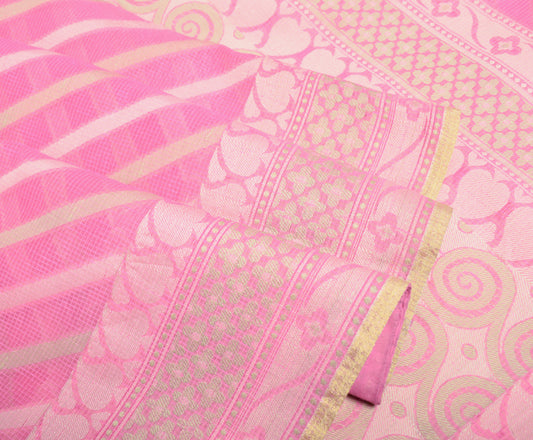Sushila Vintage Pink Indian Saree Art CottonSilk Woven Stripes Sari Craft Fabric