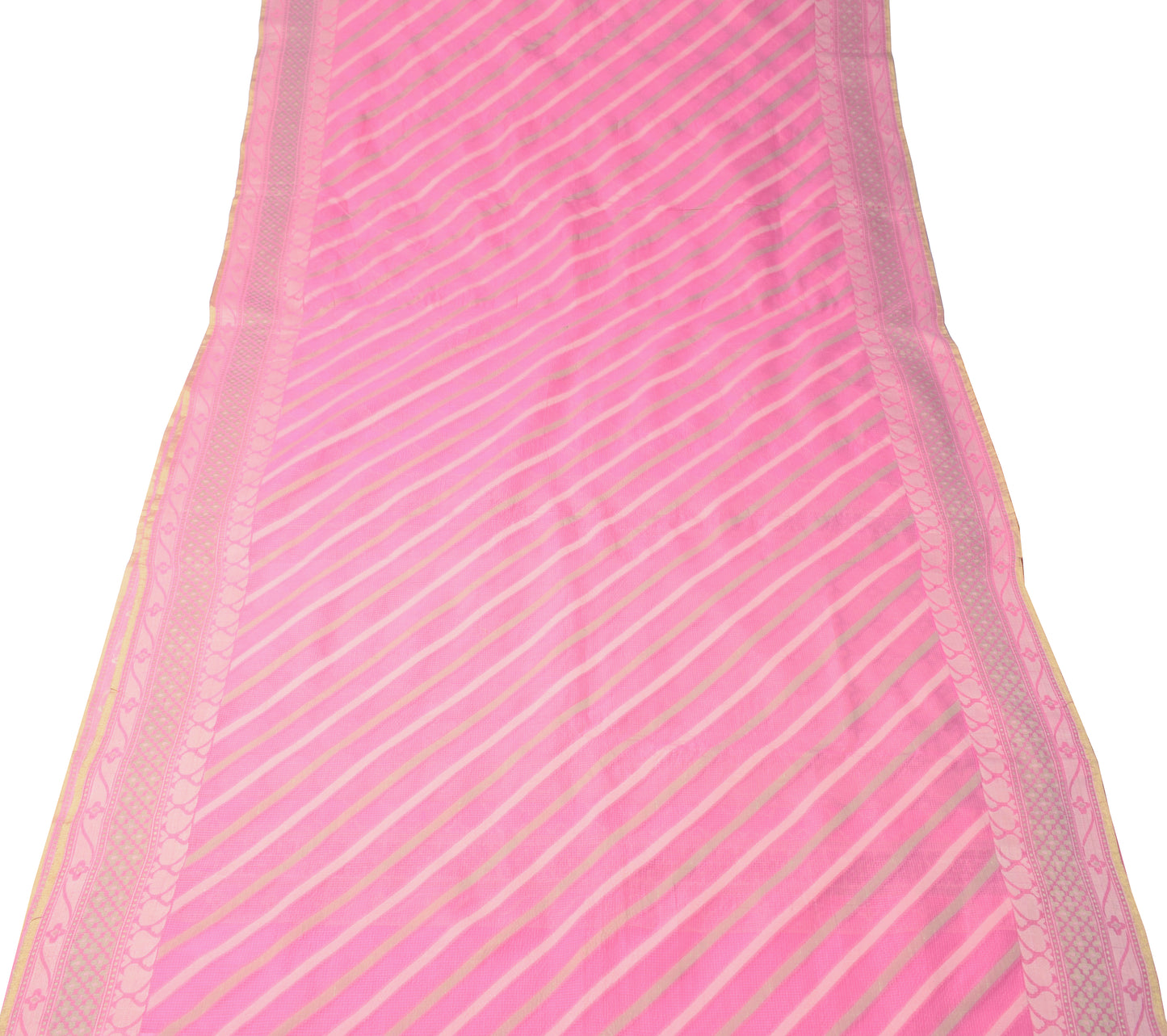 Sushila Vintage Pink Indian Saree Art CottonSilk Woven Stripes Sari Craft Fabric