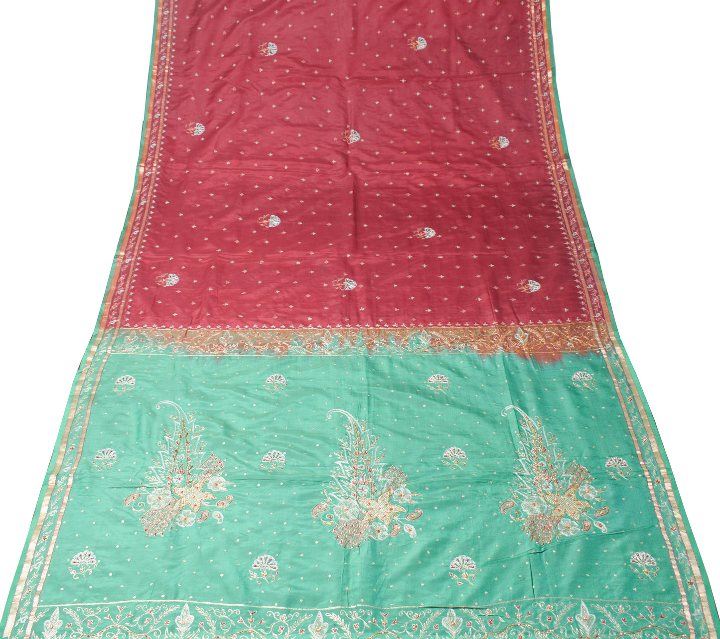 Sushila Vintage Maroon Green Saree Pure Silk Zari Embroidered Floral Sari Fabric