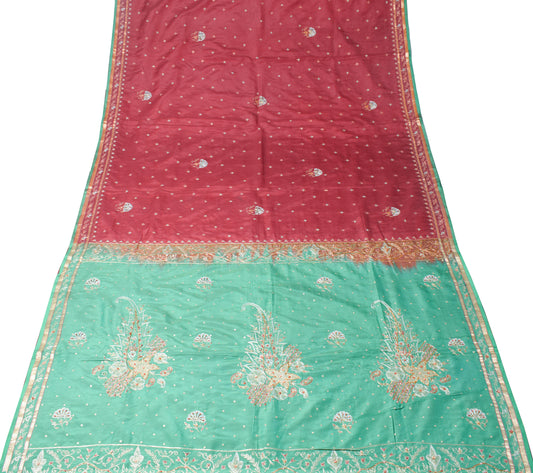 Sushila Vintage Maroon Green Saree Pure Silk Zari Embroidered Floral Sari Fabric