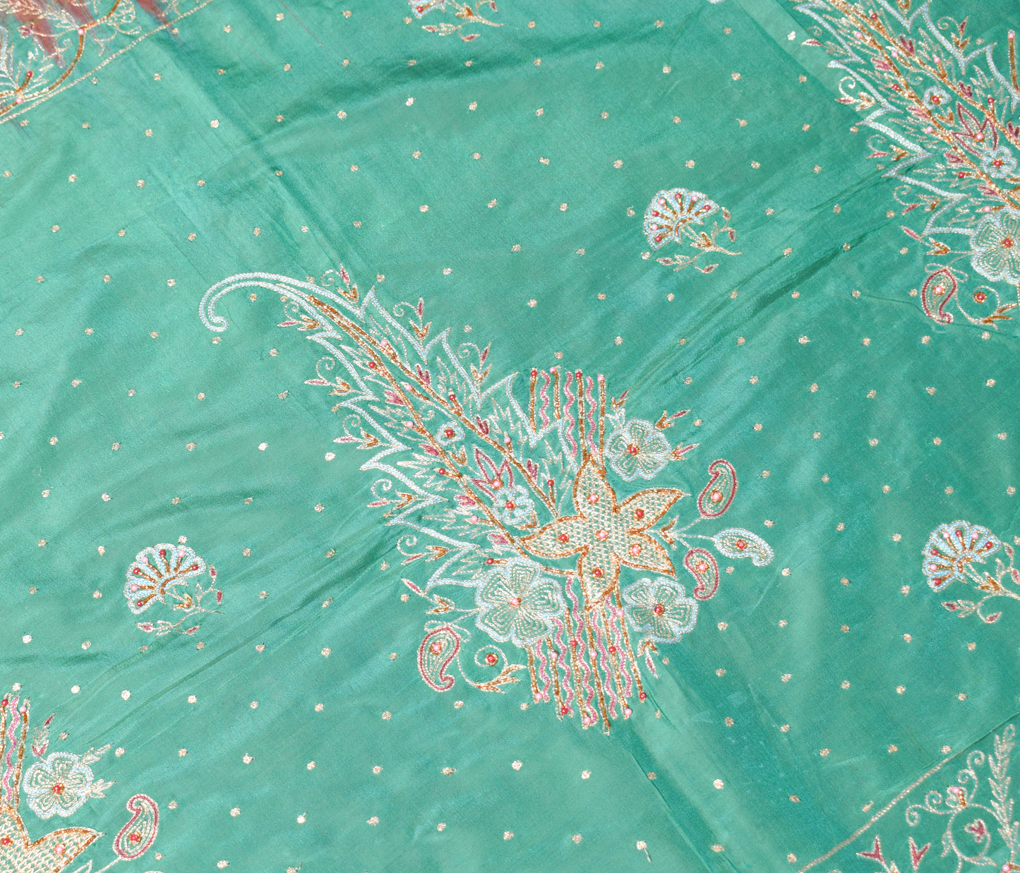 Sushila Vintage Maroon Green Saree Pure Silk Zari Embroidered Floral Sari Fabric