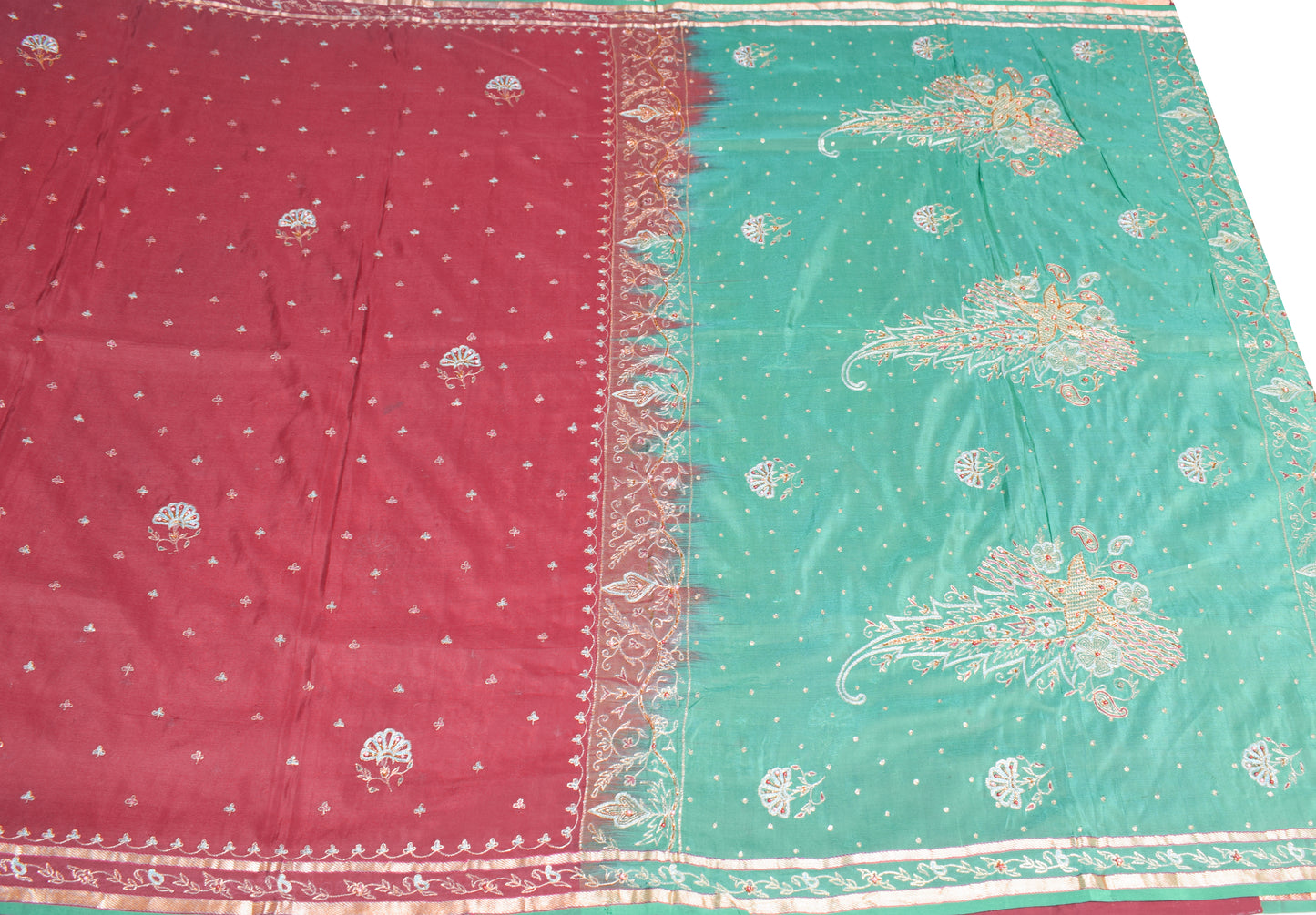 Sushila Vintage Maroon Green Saree Pure Silk Zari Embroidered Floral Sari Fabric