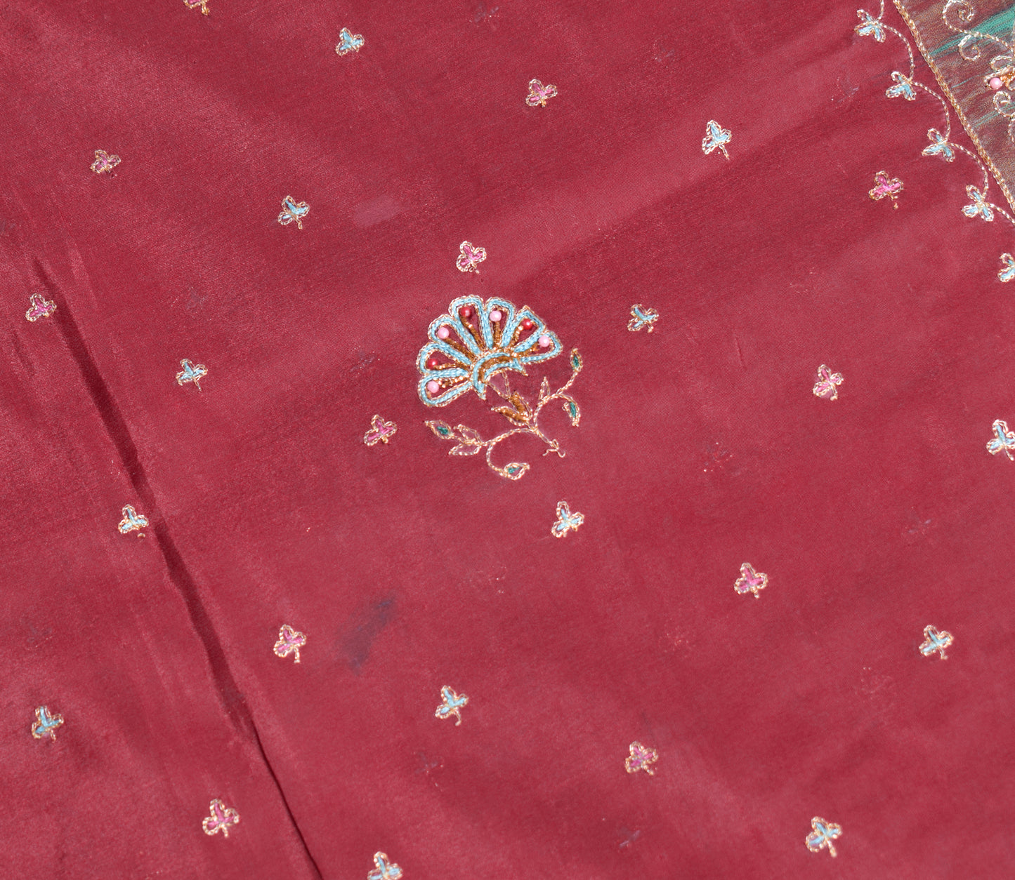 Sushila Vintage Maroon Green Saree Pure Silk Zari Embroidered Floral Sari Fabric