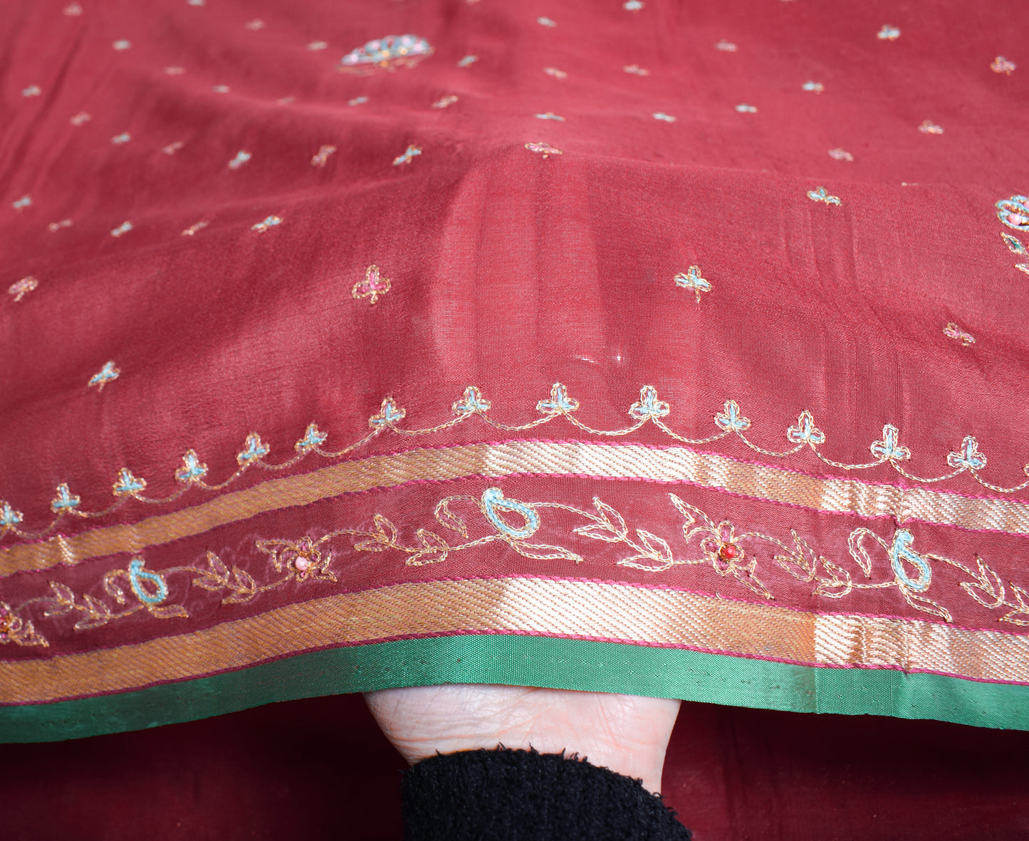 Sushila Vintage Maroon Green Saree Pure Silk Zari Embroidered Floral Sari Fabric