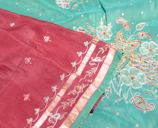 Sushila Vintage Maroon Green Saree Pure Silk Zari Embroidered Floral Sari Fabric