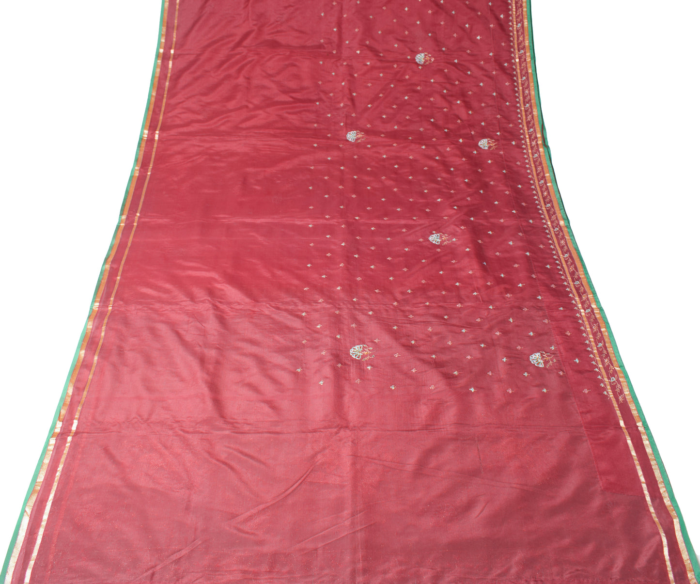 Sushila Vintage Maroon Green Saree Pure Silk Zari Embroidered Floral Sari Fabric