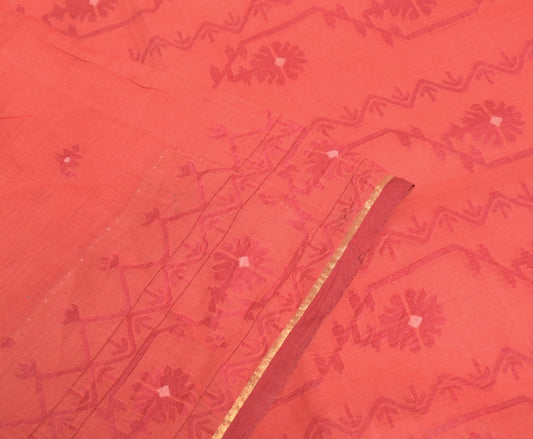 Sushila Vintage Red Saree Pure Cotton Bengal Tant Woven Floral Sari Craft Fabric
